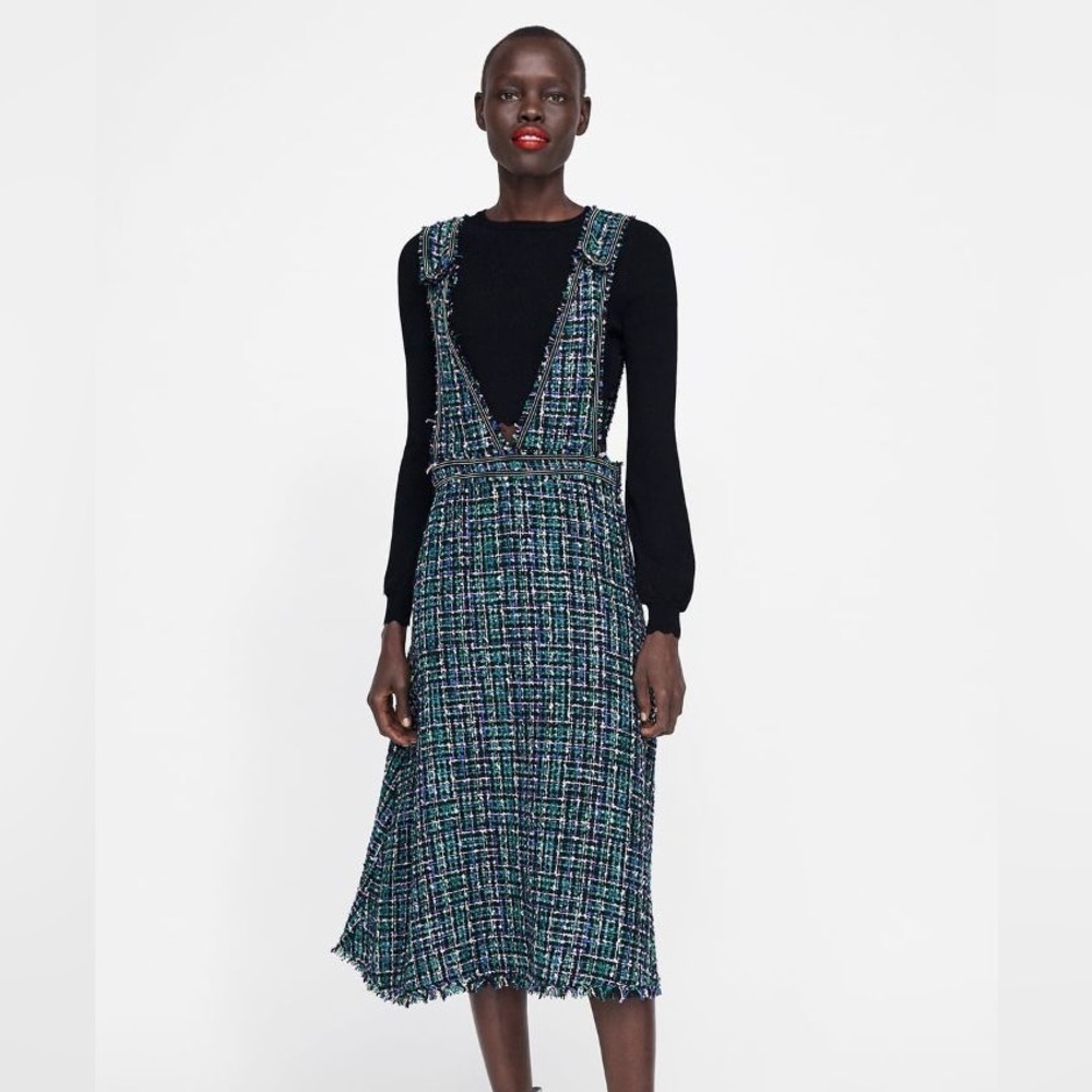 Zara Overall Tweed Deep-V Midi Maximalism Dress Size Extra Small
